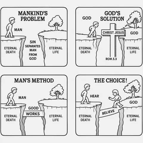 A four-panel diagram showing mankind's problem of sin separating man from God, and God's solution through Christ Jesus
